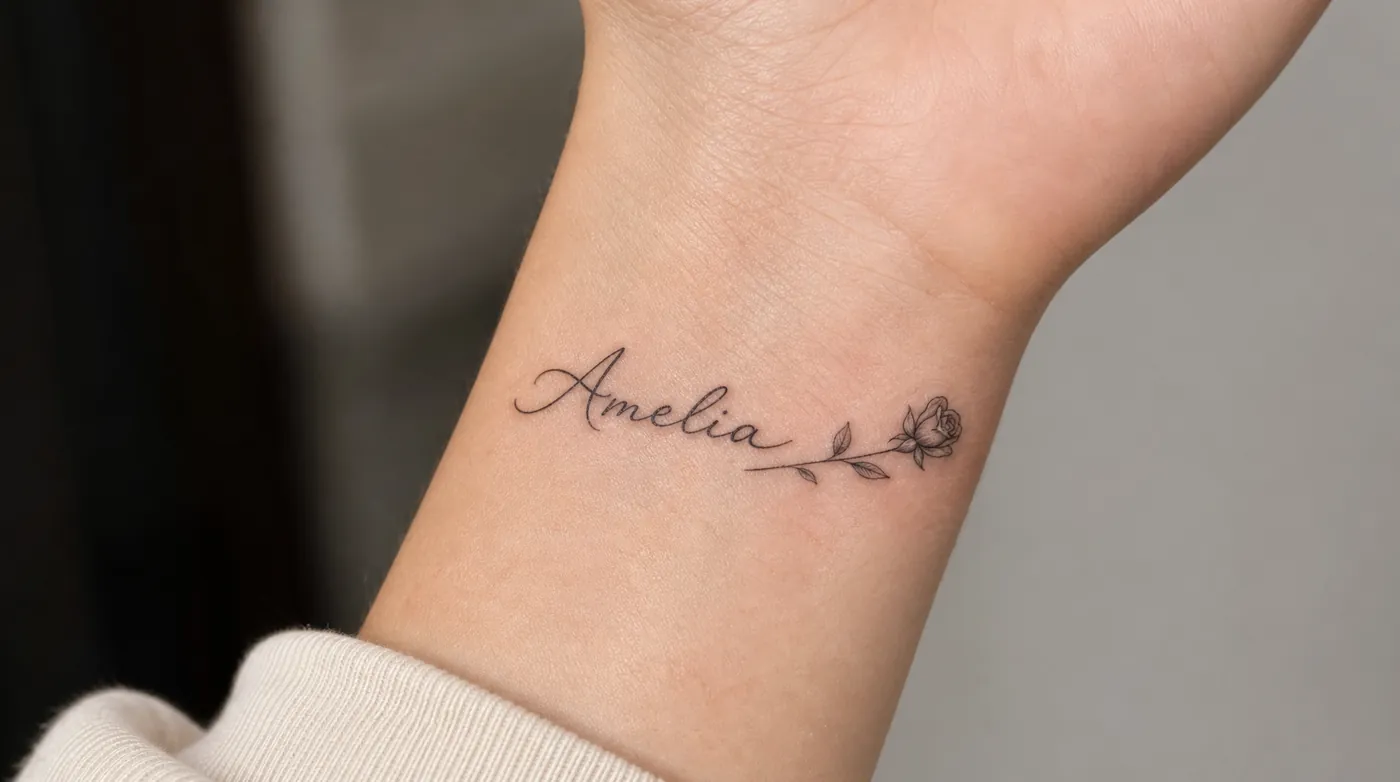 Fine line name tattoo with a rose - generated with the tattoo try-on