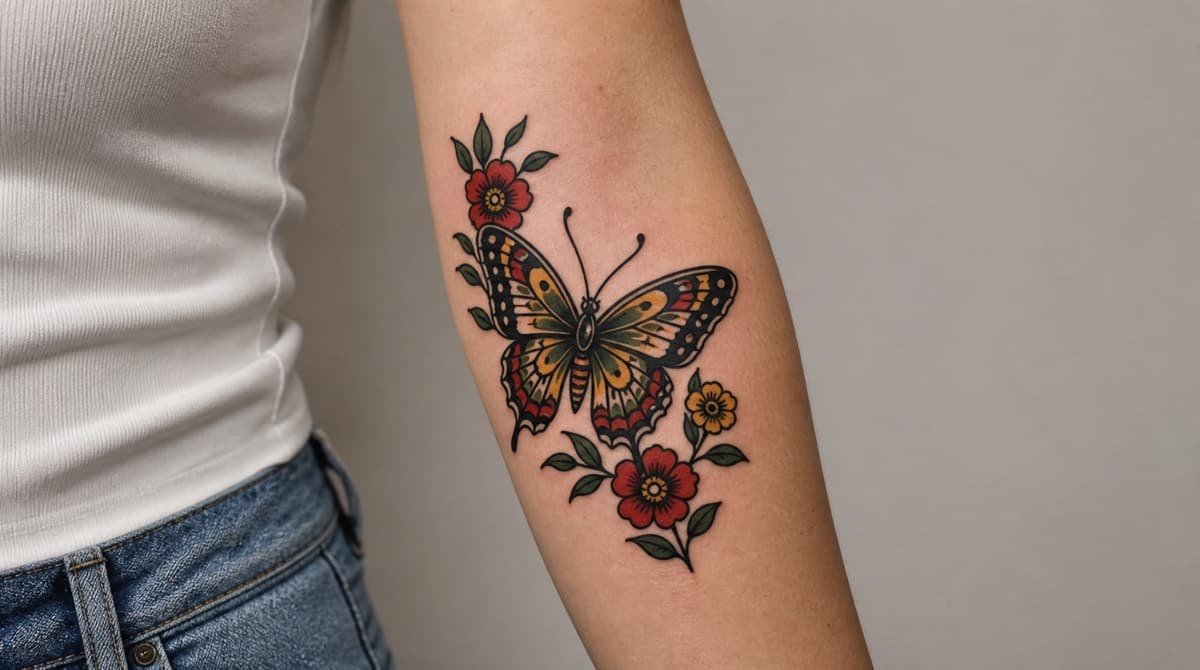 Traditional butterfly & flowers