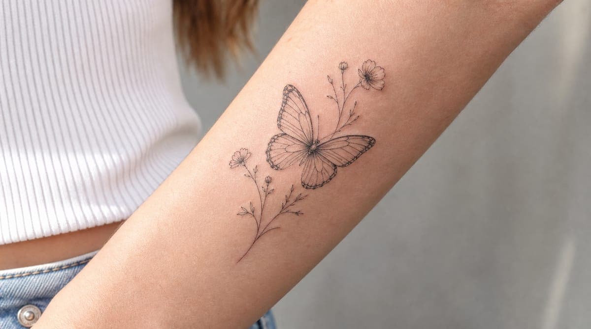 Fine line butterfly with wildflowers
