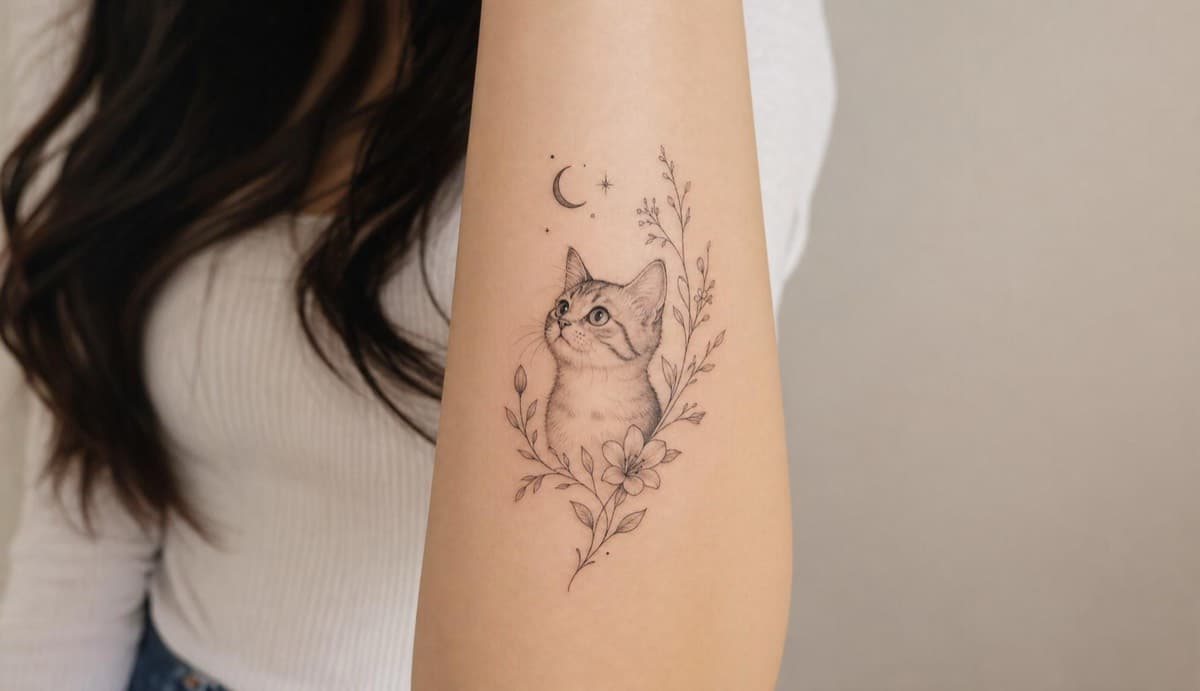 Fine line cat with flowers