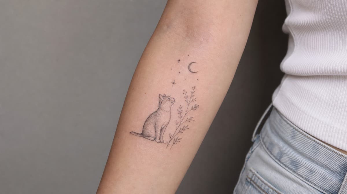 Fine line cat with moon & botanicals