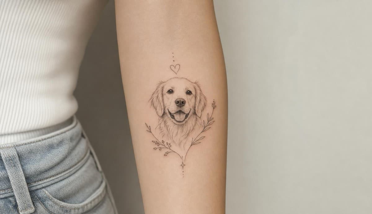 Dog portrait with sprigs tattoo design