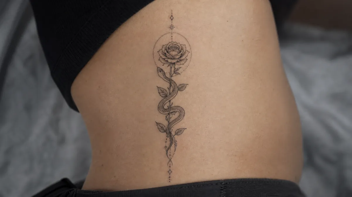 Fine line snake wrapped around a rose - generated with the tattoo try-on