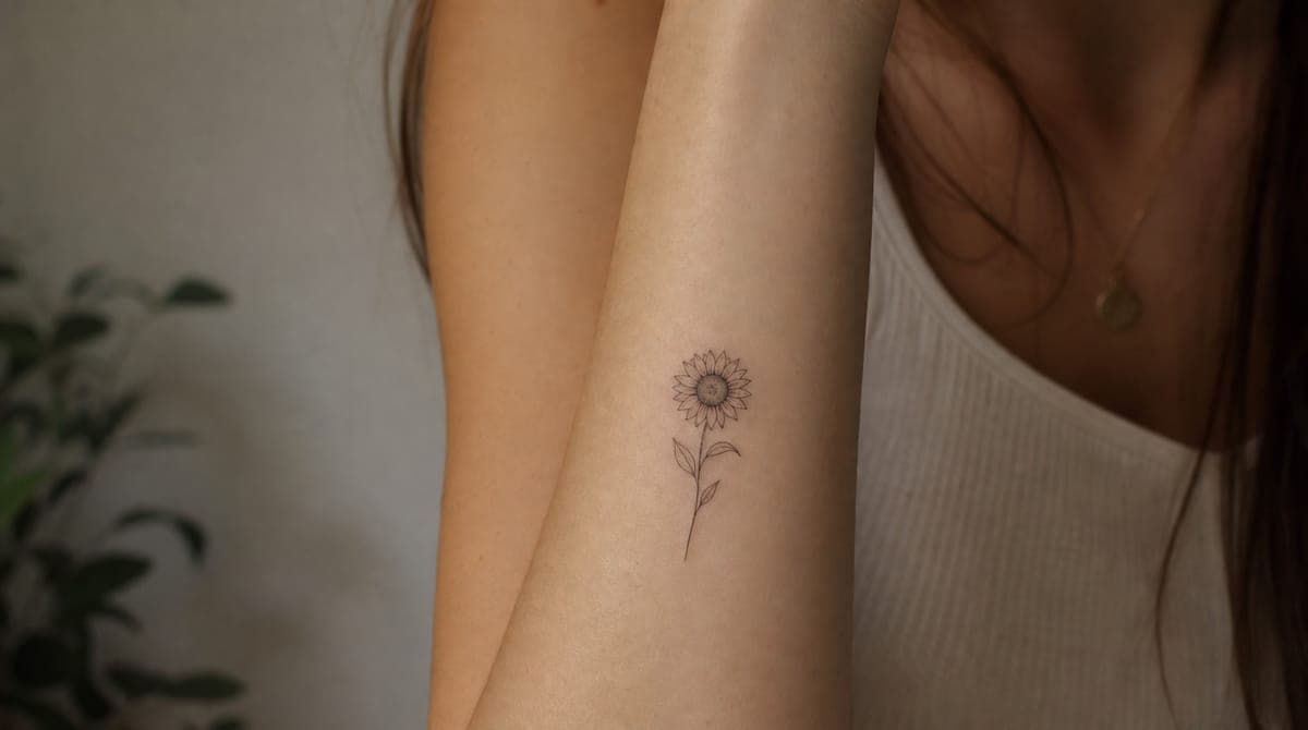Fine line sunflower on forearm