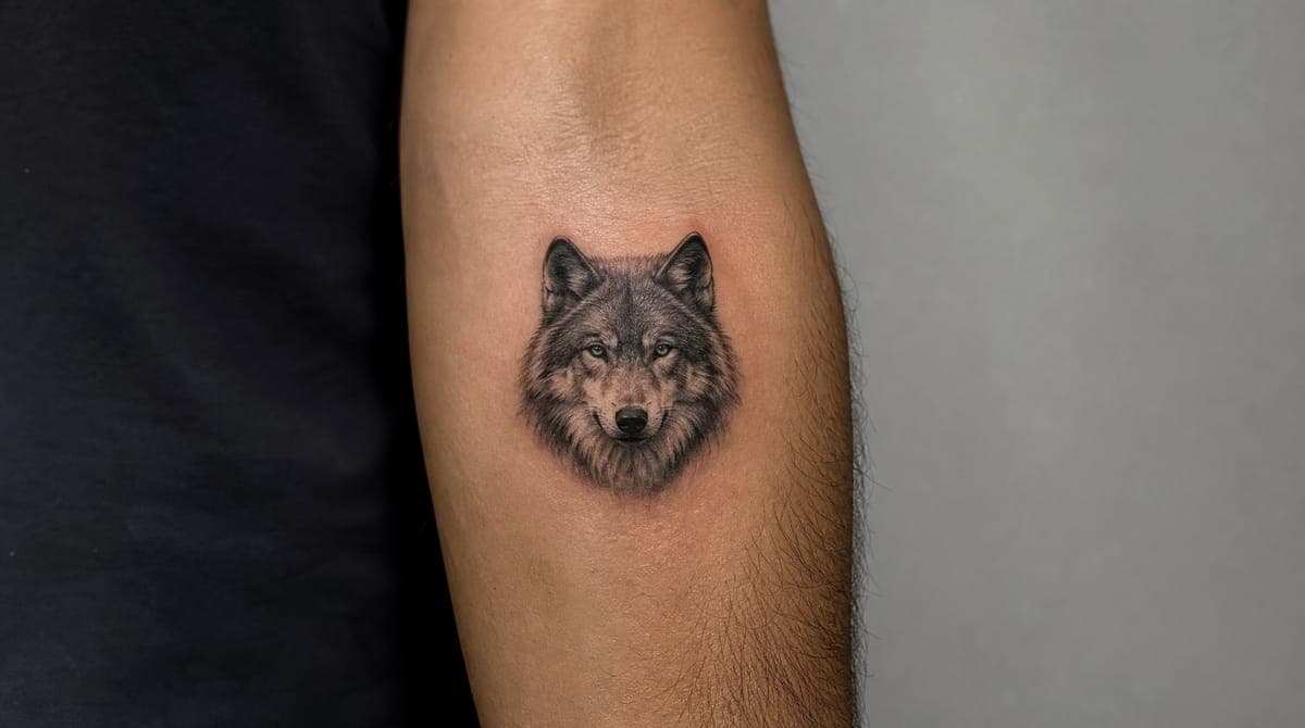 Black & grey realism wolf on forearm