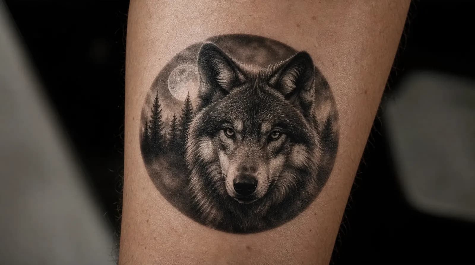 A black and grey realism wolf portrait tattoo on a forearm, with detailed fur texture and smooth tonal shading