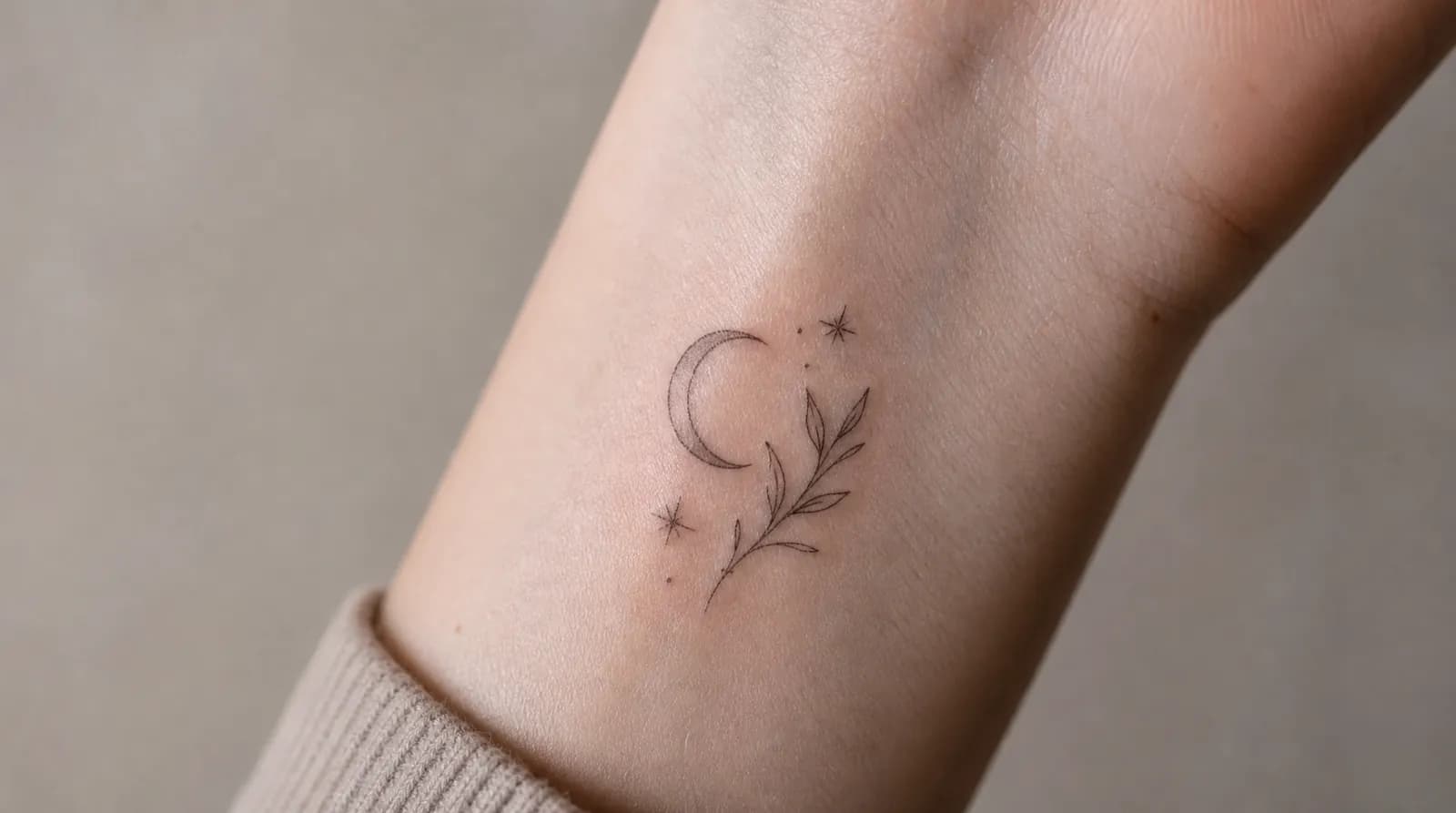 A delicate fine line tattoo of a crescent moon, small stars and a botanical sprig on the inner wrist