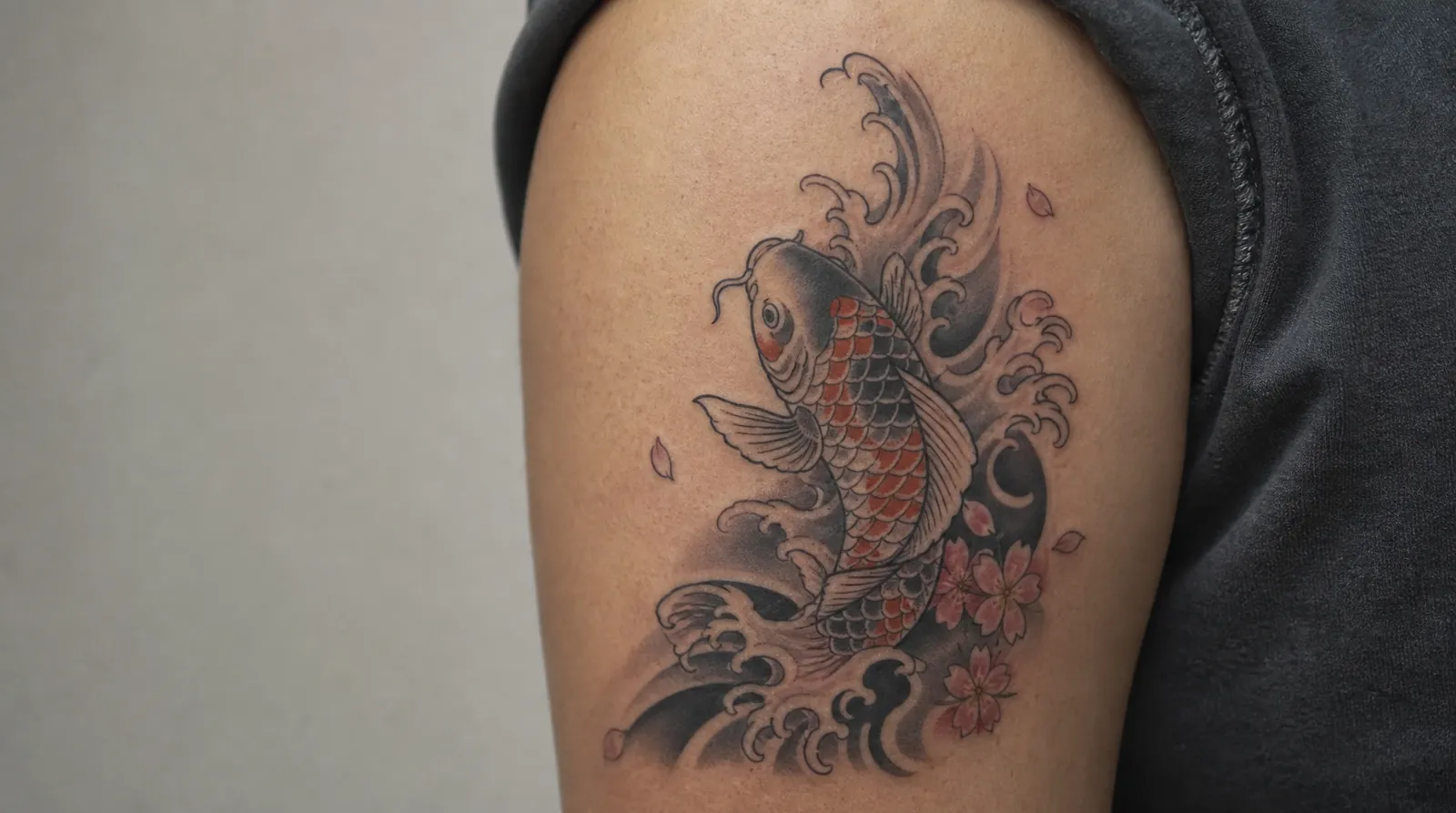 A Japanese irezumi koi fish tattoo on an upper arm, swimming upward through stylised waves with cherry blossoms