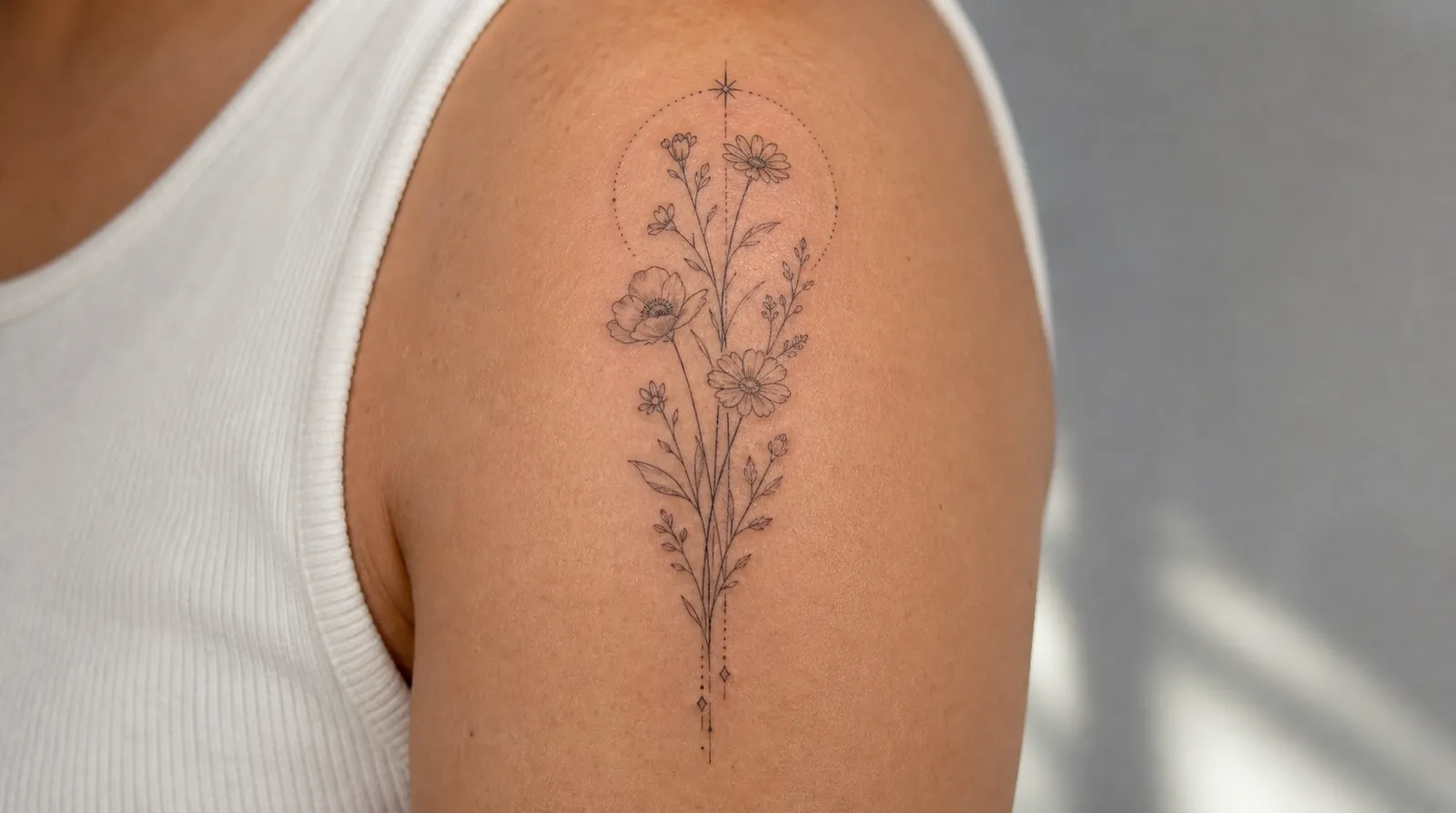 A healed fine line wildflower bouquet tattoo on a shoulder, with delicate stems, small blooms and a dotted arc above it