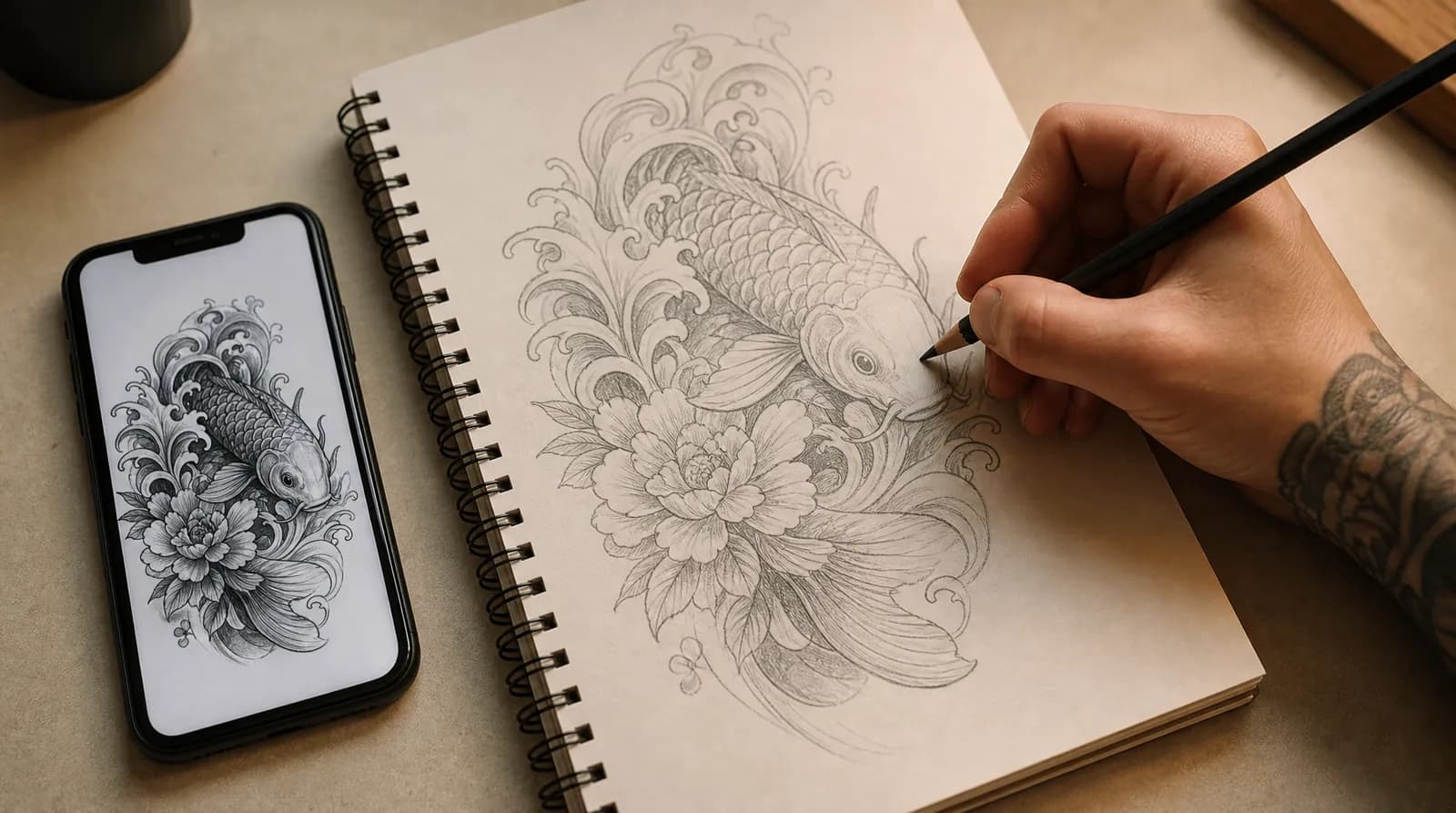 A tattoo artist redrawing a koi fish and peony design by hand in a sketchbook, with the same design shown on a phone beside it