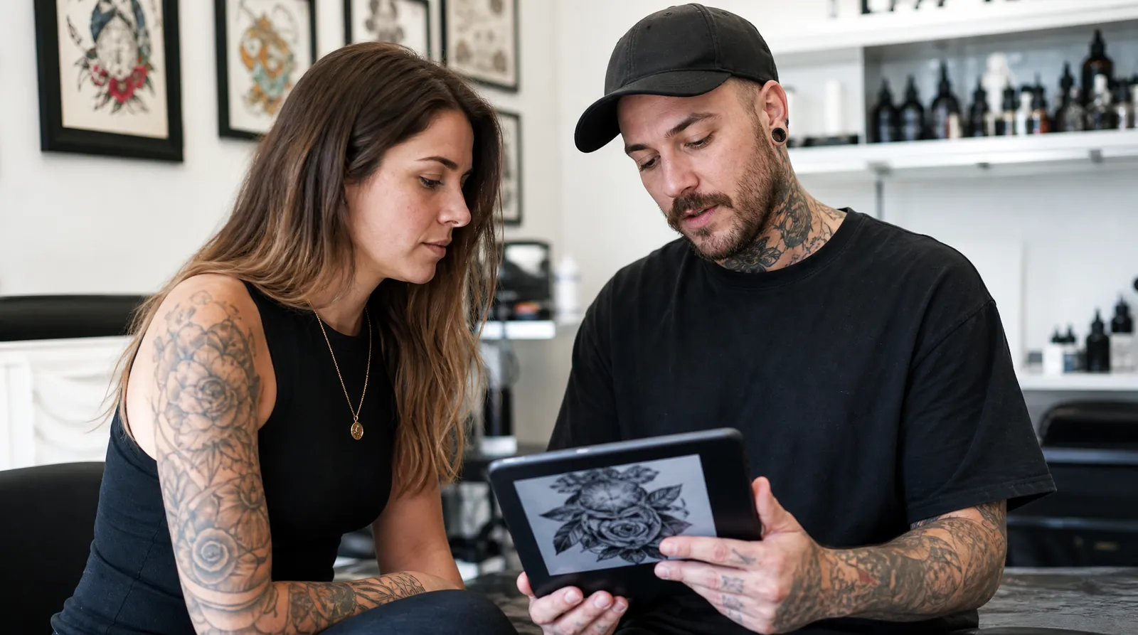 A tattoo artist and a client sitting together in a studio, reviewing a rose design on a tablet during a consultation