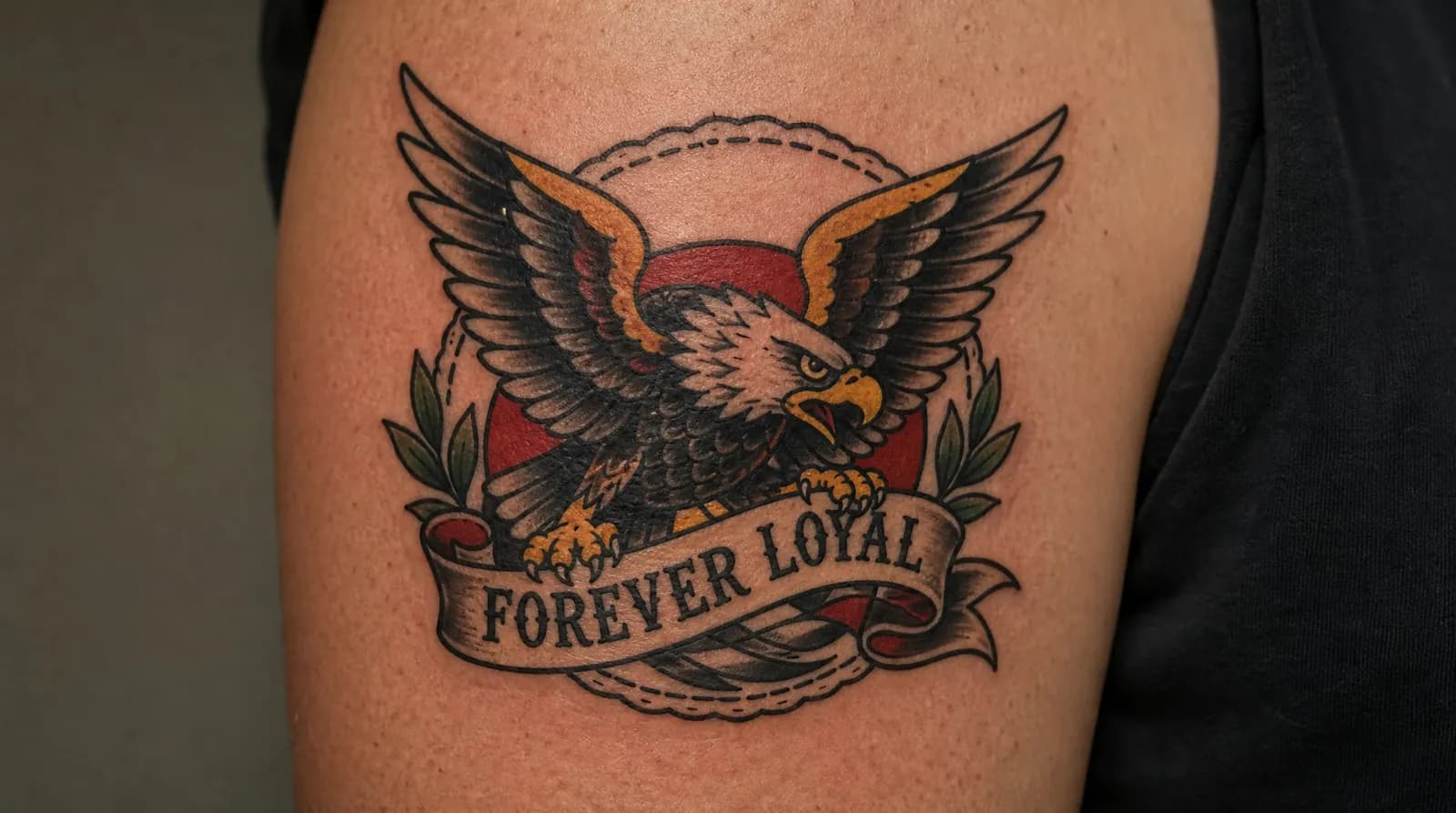 An American traditional tattoo of an eagle clutching a banner on an upper arm, with heavy black outlines and solid red and gold fills