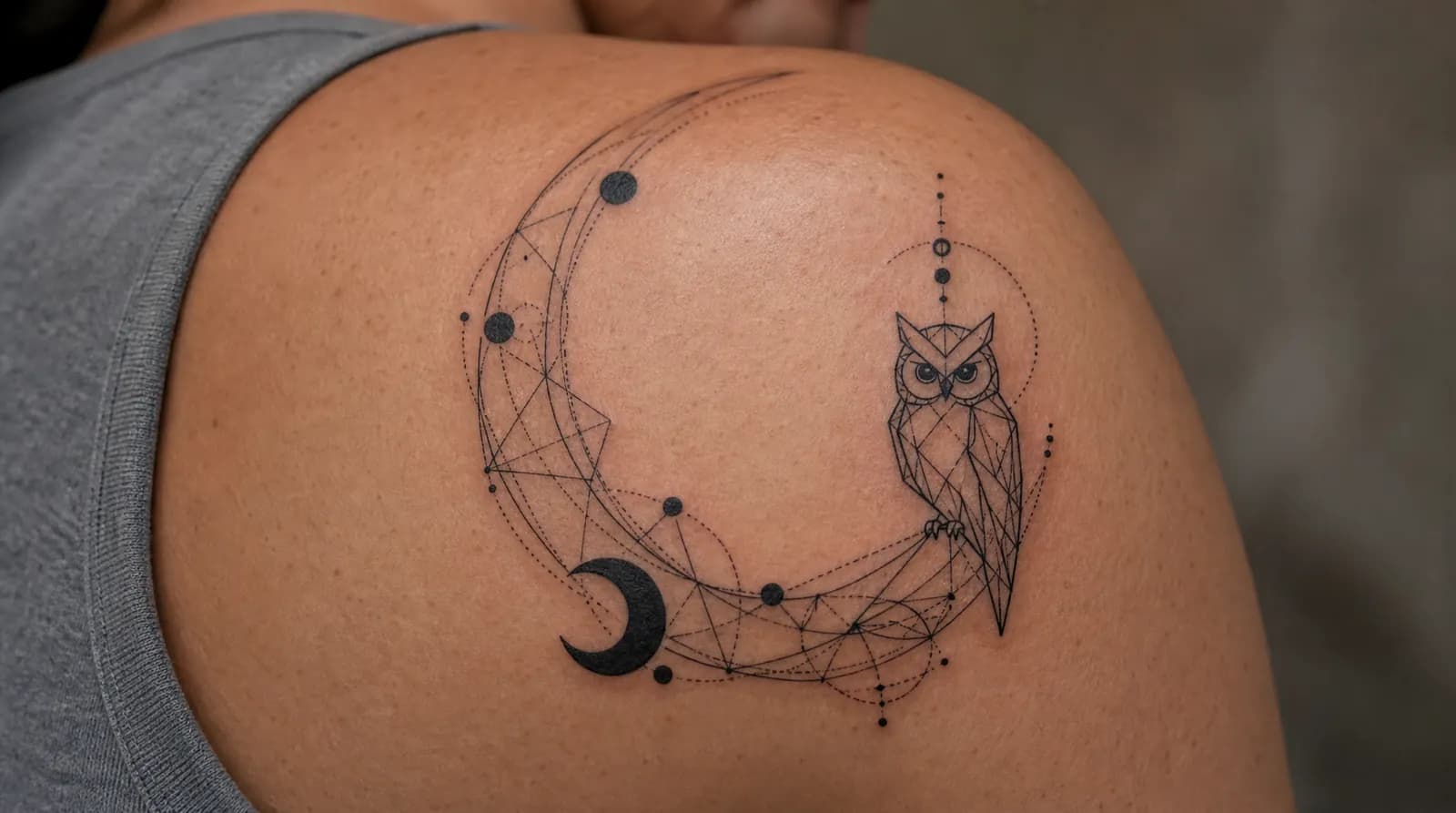 A geometric tattoo of an owl and crescent moon built from precise straight lines, circles and dotwork shading, on a shoulder